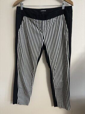 Express Columnist Ankle Pants Womens 10 Black White Stripes Mid Rise Stretch